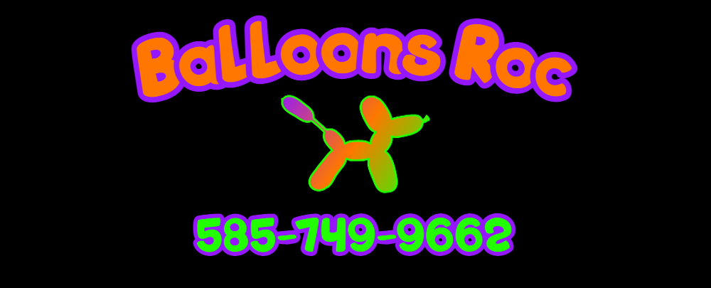 An image sits at the top of the black page.

The text 'Balloons Roc' in a blue and purple arches over the silhouette of a rainbow spectrum balloon dog. Under the dog, in blue and purple text, reads the phone number 585-749-9662