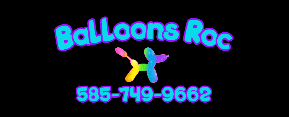 The text 'Balloons Roc' in a blue and purple arches over the silhouette of a rainbow spectrum balloon dog. Under the dog, in blue and purple text, reads the phone number 585-749-9662 